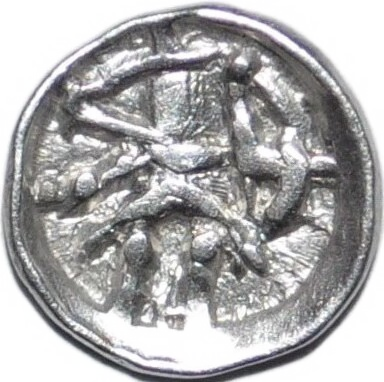 Cen-031 Sogdiana, Samarqand, anonymous (circa AD 300-400). ‘Antiochus imitation’ type. Silver obol (0.37 gm, 10.20 mm). Zeno 374405. — Reverse