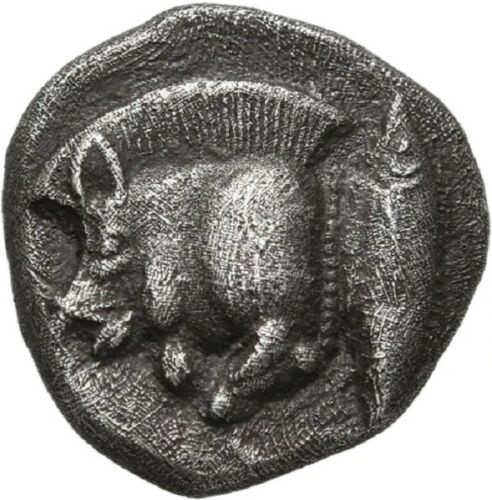 Gr-002 Ancient Greece, Mysia, Kyzikos, anonymous (circa 450-400 BC). Silver diobol (1.15 gm, 10.60 mm). BMC 108. — Obverse