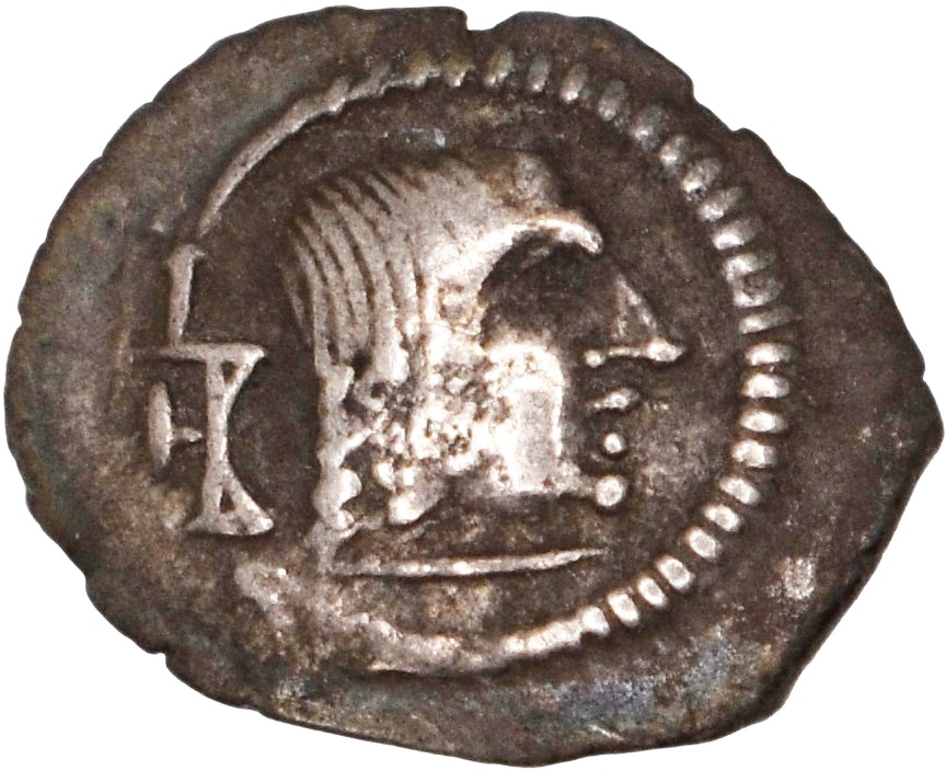 Him-012 Himyarite Kingdom, Thaʾran Yaʿub (circa AD 175–215). Silver quinarius (1.83 gm, 16.80 mm), Raydān mint. CAF 3.24i. — Obverse