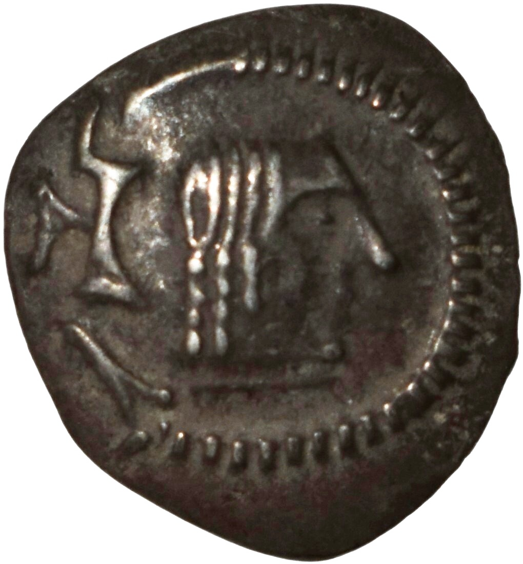 Him-014 Himyarite Kingdom, Thaʾran Yaʿub (circa AD 175–215). Silver quinarius (1.50 gm, 14.98 mm), Raydan mint. CAF 3.24i. — Obverse