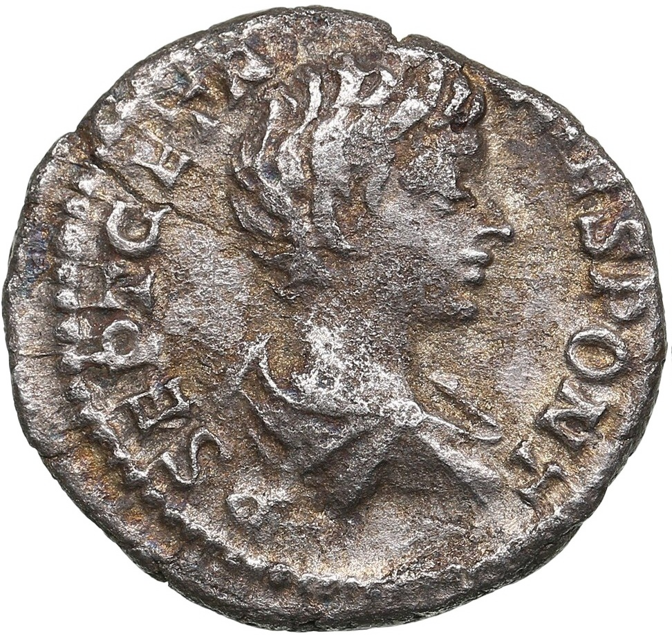 RE-024 Roman Empire, Geta (Caesar: AD 197-209). Silver denarius (2.54 gm, 19.00 mm), Rome, AD 200-202, minted under his father Septimius Severus. RIC 24. — Obverse